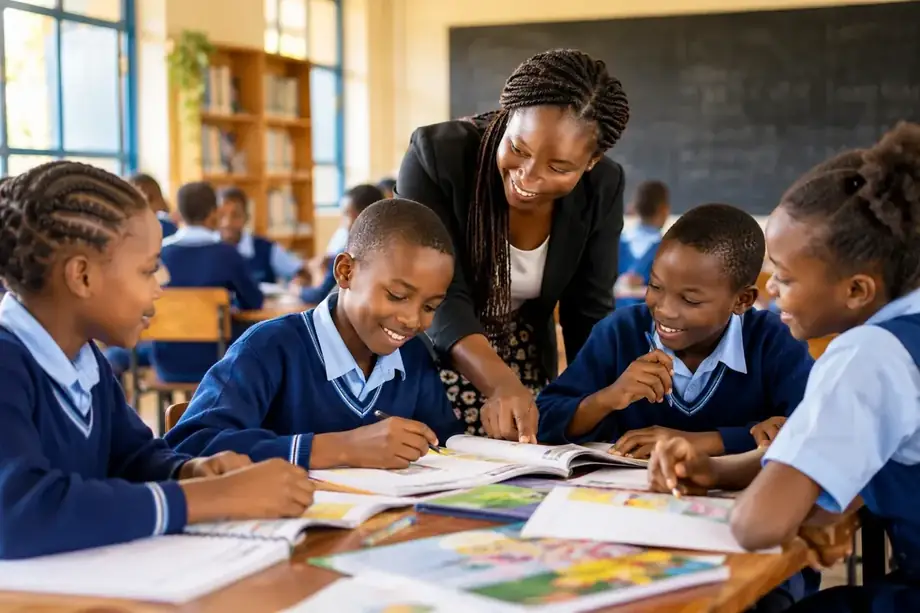 Rwandan school students and teacher learning together